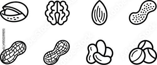 Nut and Peanut Outline Icon Set Featuring Almond Walnut Pistachio and Peanut Shell Vector Illustration Collection