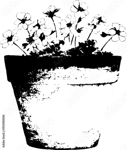 Stencil style flower pot with cracked rim and blossoms for creative decor