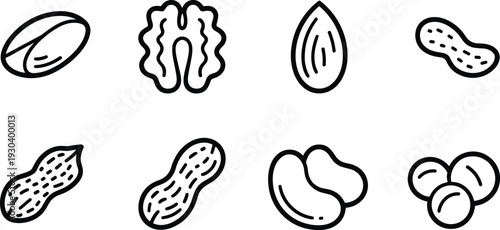 Nut and Seed Outline Icon Collection Featuring Almond Walnut Peanut and Pistachio Vector Illustration Set