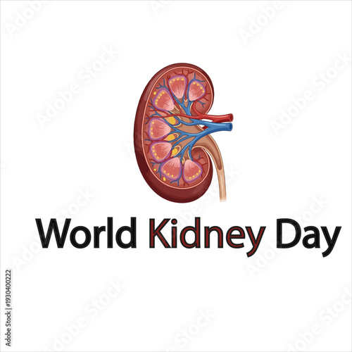 World Kidney Day anatomical illustration with detailed kidney structures, renal cortex, medulla, blood vessels, and awareness text