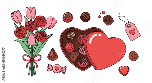 Illustration with flowers, chocolates and a heart-shaped box, tag