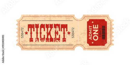 Vintage movie ticket isolated on transparent background. Retro  movie coupon. Decorative element for cinema, party, event, festival.Realistic template in red, white, black colours. Admit one.Vector 