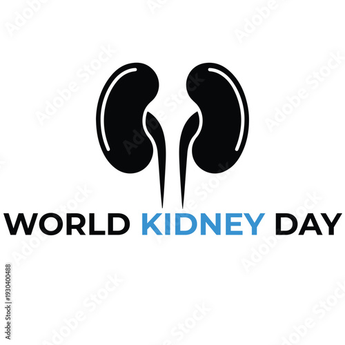 World Kidney Day awareness illustration with black kidney symbols, ureters, and bold text highlighting health and prevention