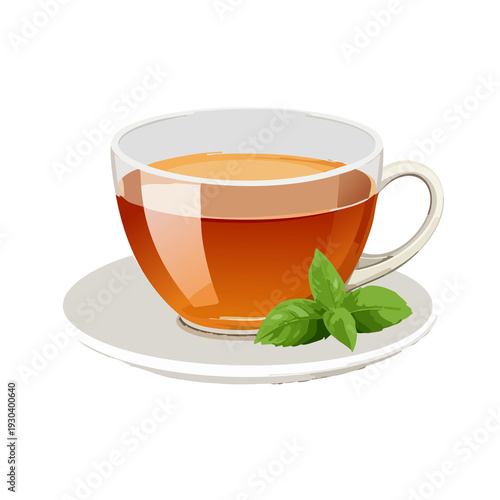 Warm cup of tea with mint leaves on a white saucer at a cozy kitchen table during afternoon relaxation