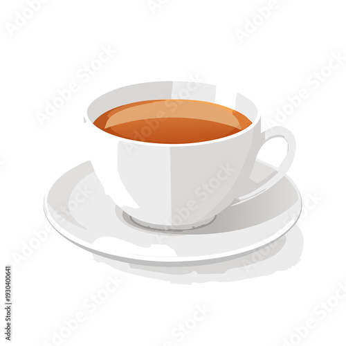 Warm cup of tea on a white saucer placed on a plain surface at midday in a simple kitchen setting