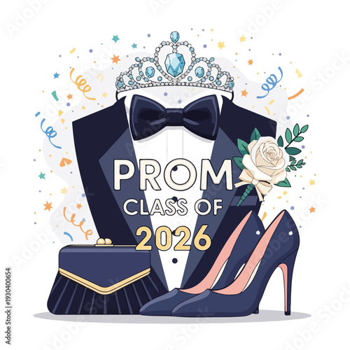 Illustration with tuxedo, tiara, heels, purse and prom text for 2026