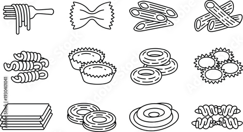 Italian Pasta Types Outline Collection Featuring Spaghetti Farfalle Penne Fusilli Ravioli Vector Illustration Set Isolated on Gray Background