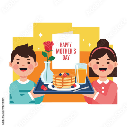 Kids offering breakfast in bed for Mother's Day, happy face illustration