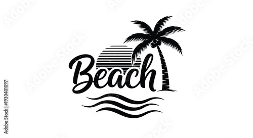 Beach Typography with Palm Tree and Waves Summer Vacation Logo Design