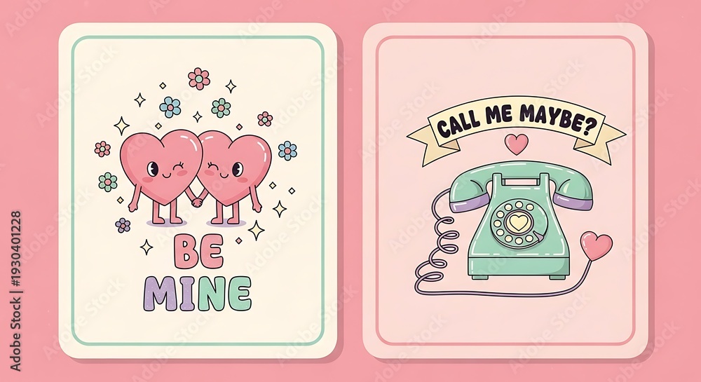 Obraz premium Two anthropomorphic happy hearts hold hands next to a vintage telephone illustration wishing someone to call them.