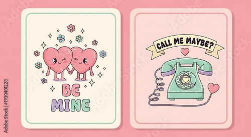 Two anthropomorphic happy hearts hold hands next to a vintage telephone illustration wishing someone to call them.