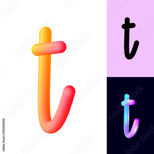 3D flexible or neon letter T, tubular alphabet, bright plastic bubble letter t, vector illustration 10EPS