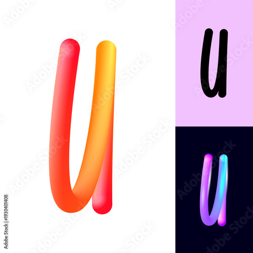 3D flexible or neon letter U, tubular alphabet, bright plastic bubble letter u, vector illustration 10EPS