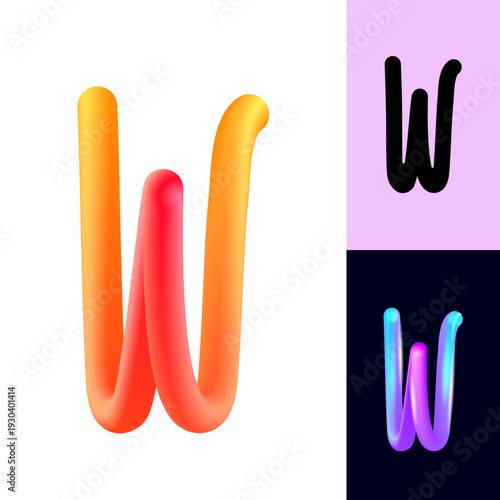 3D flexible or neon letter W, tubular alphabet, bright plastic bubble letter w, vector illustration 10EPS