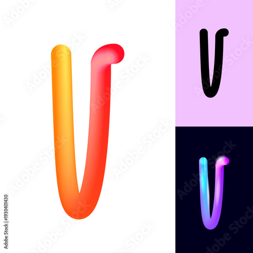3D flexible or neon letter V, tubular alphabet, bright plastic bubble letter v, vector illustration 10EPS