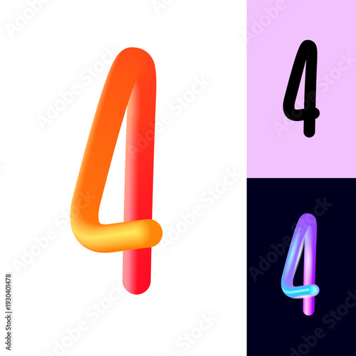 3D flexible neon number 4, tubular bright plastic bubble numbers, vector illustration 10EPS
