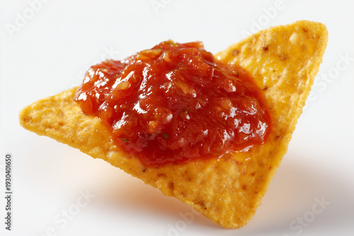 One single nacho chip dipped in red salsa dip sauce dripping isolated against white background.