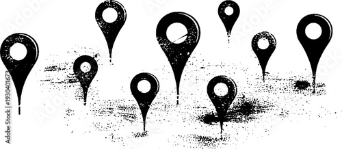 High contrast abstract map pin silhouettes in stencil style with shadow effects for creative design projects