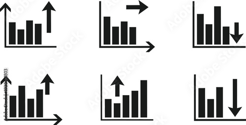 Chart icon. Bar graph with upward, stable and downward arrows vector illustration. Business analytics and financial performance trend symbol. Data metrics and economic report sign. Progress pictogram.