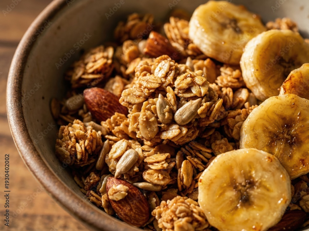 Fototapeta premium Macro Shot of Crunchy Granola Clusters with Sliced Bananas and Almonds