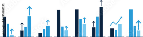 Growth arrow icon showing upward trend with increasing bars. Business analytics symbol representing increase, progress, performance, statistics, sales growth and positive financial results.