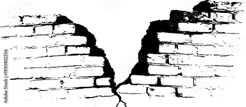 High contrast stencil style design of cracked brick wall for artistic decor
