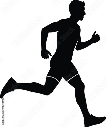 Dynamic black silhouette of a male runner in motion, showcasing athletic performance, speed, and endurance against a clean white background.