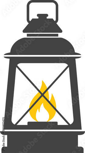 Simple dark grey silhouette icon of an antique kerosene lantern featuring a bright yellow and orange flame burning inside