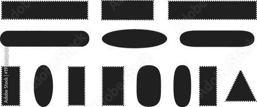 A collection of various black shapes with perforated edges, including rectangles, ovals, and a triangle, presented on a clean white background.