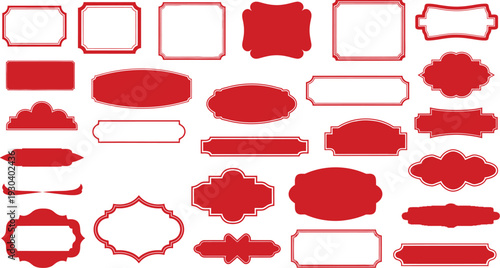 A collection of vintage red frames and labels in various shapes and sizes for design projects
