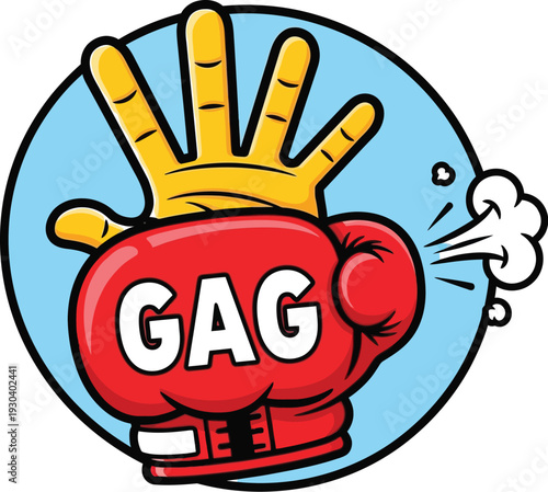 Vibrant cartoon graphic featuring a yellow hand pushing forcefully against a red boxing glove marked GAG, conveying concepts of censorship and silence.
