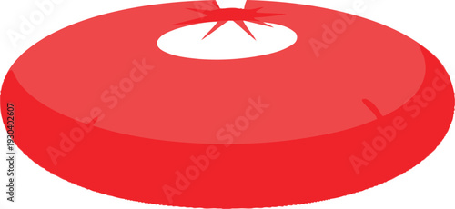 Simple cartoon illustration of a round processed meat product vacuum sealed in red plastic packaging for food.