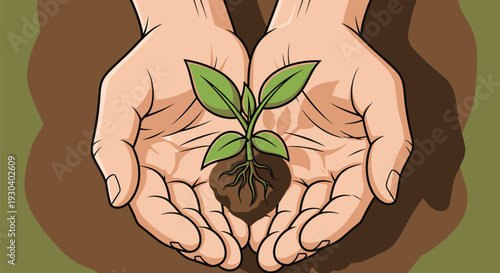 Two hands gently cradle a young green seedling with visible roots and soil, symbolizing growth, care, and environmental protection in this vibrant illustration.