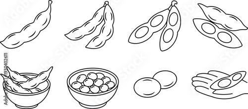 Soybean and Edamame Outline Icon Set Featuring Soy Pods Beans Bowl and Organic Plant Protein Vector Illustration