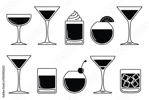 Cocktail Glasses Black Silhouette Vector Illustration