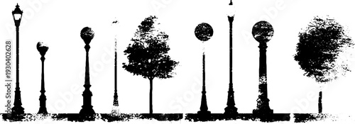Vintage park lamp and tree silhouettes in high contrast grunge stencil style for artistic design