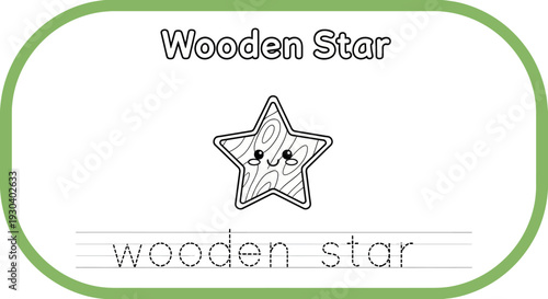 Cute Wooden Star Character with Face and Text for Tracing