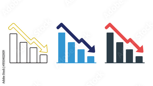 Set of three bar chart icons showing decreasing business trends in different color styles