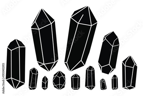 Collection of Black Geometric Crystal Shapes on White Background