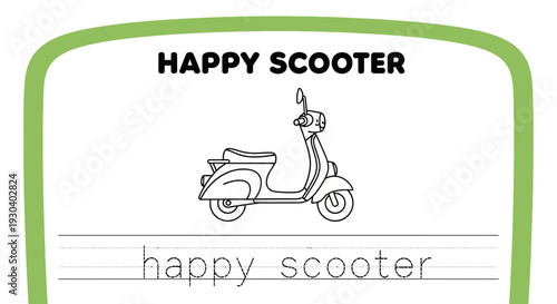 Happy Scooter Coloring Page for Kids - Learn to Write "Happy Scooter"