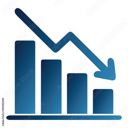 Blue gradient bar chart icon with descending arrow signifying market recession and failure