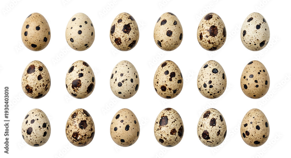 Obraz premium Speckled quail eggs in a grid pattern isolated on white background