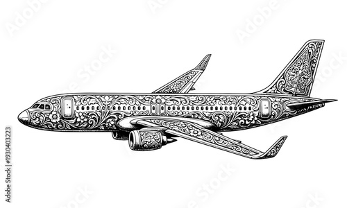 Airplane illustration with intricate designs flying high