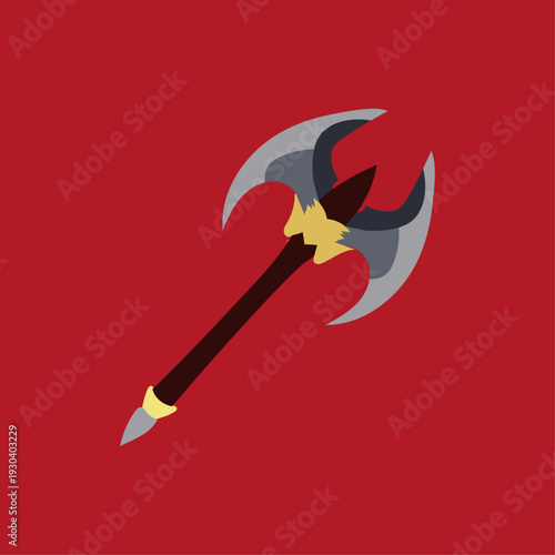 Fantasy double-headed battle axe PNG isolated on white, ornate silver blade with gold accents and wooden handle, high-quality RPG game asset, medieval warrior weapon for digital art and design.