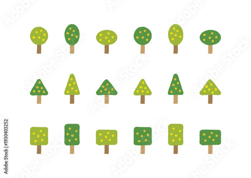 丸・三角形・四角形の木と花粉の手描きイラストセット