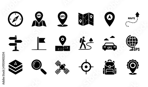 Map and Navigation Glyph Icons Set GPS Compass Location Route Solid Vector Collection