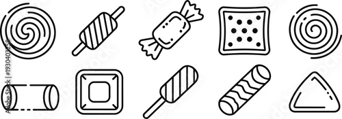 Sweet Candy and Lollipop Outline Icon Collection with Chocolate Toffee and Confectionery Vector Illustration Set