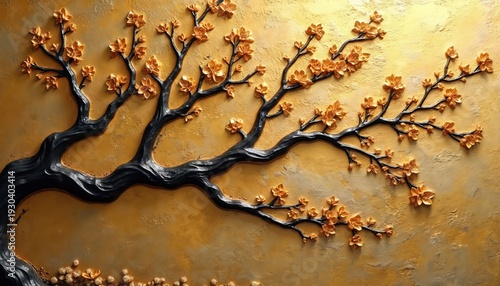 Sculpted relief wall art features tree branches with golden blossoms against textured gold background. Elegant floral design with organic form.
