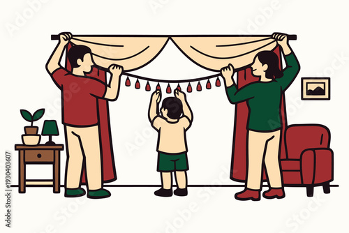 family decorating home interior with curtains and lights for festive occasion