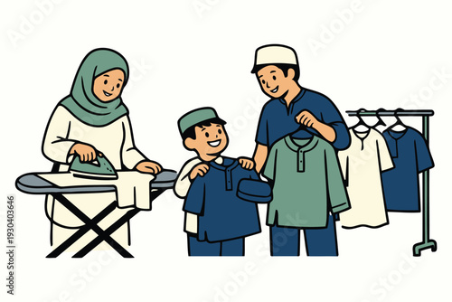 muslim mother and son preparing clothes for celebration,ironing and sorting